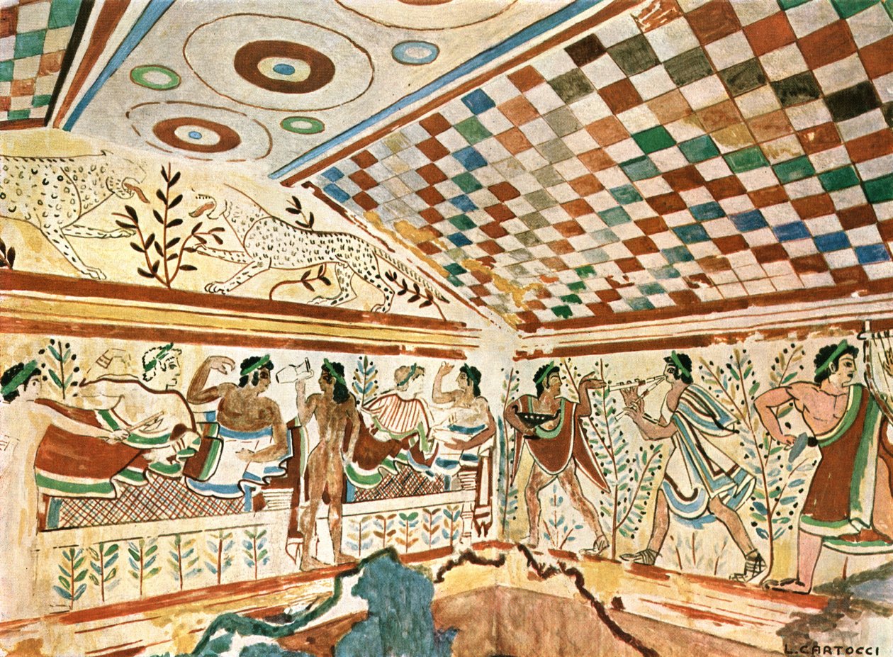 Muurschildering in het Luipaardgraf Tomba dei Leopardi in Tarquinia, Italië, 1928 door Unbekannt