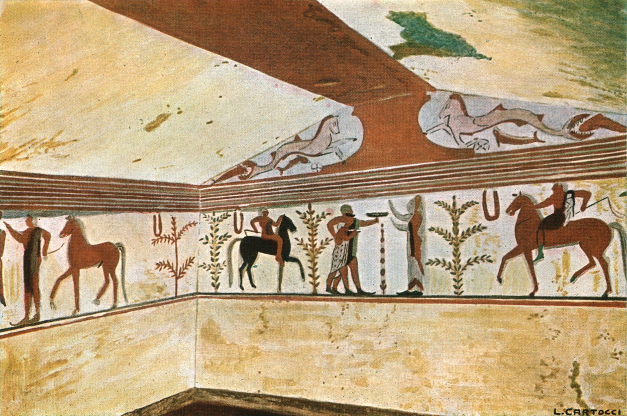 Muurschildering in het graf van de Baron Tomba del Barone in Tarquinia, Italië, 1928 door Unbekannt
