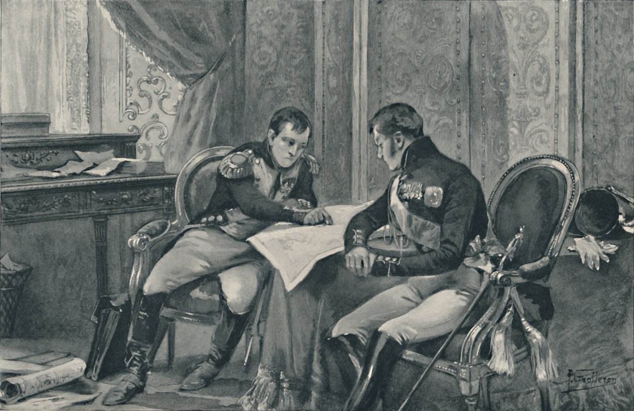 Napoleon en Alexander bij Tilsit bestuderen de kaart van Europa, 1807, 1896 door Unbekannt
