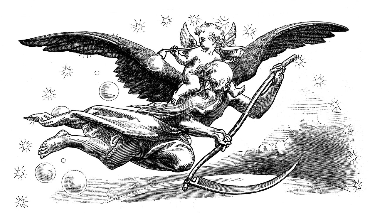 Oude Vader Tijd met zijn zeis, het Nieuwe Jaar binnenbrengend, 1870 door Unbekannt