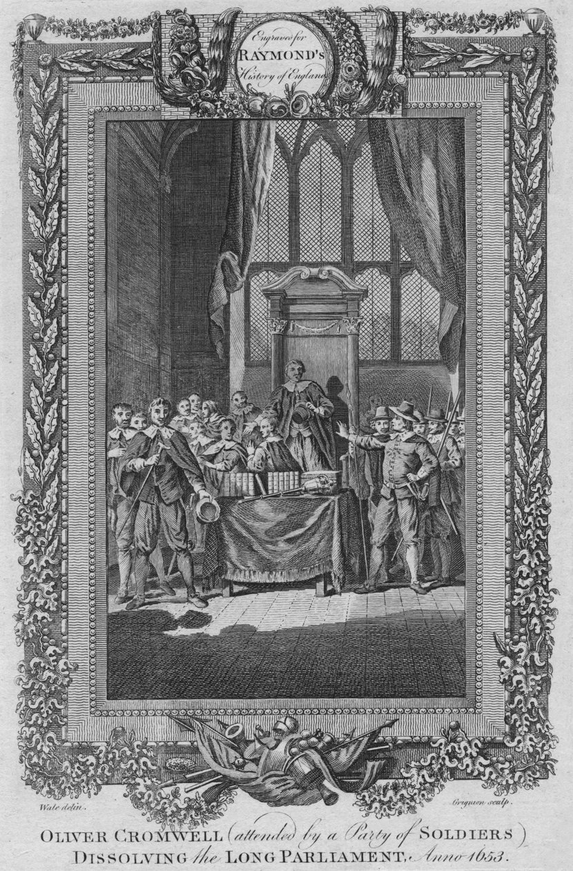 Oliver Cromwell bijgestaan door een stad van soldaten die het Lange Parlement ontbinden. Anno 1653, ca. 1787 door Unbekannt