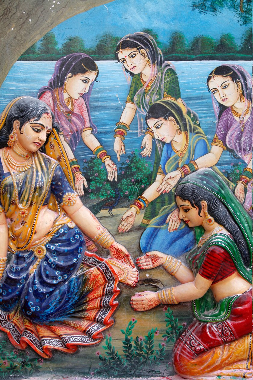 Op een dag toen Radha op weg was om Krishna te ontmoeten, stapte ze op de dikke schors van een rijpe tamarindevrucht en sneed haar voet. Dit vertraagde haar ontmoeting met Krishna; daarom vervloekte ze de boom dat zijn vruchten niet zouden rijpen. Vrindava door Unbekannt