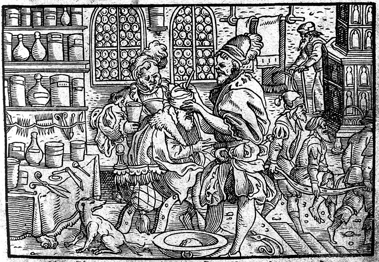 Operatie aan het hoofd van een man. Uit: Die große Wundarzney door Theophrastus Bombastus von Hohenheim, 1562 door Unbekannt