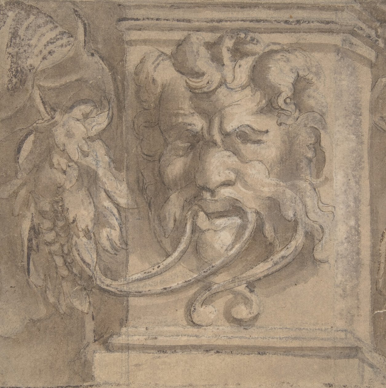 Ornamentaal ontwerp met antiek-stijl masker, 1550-1600 door Unbekannt