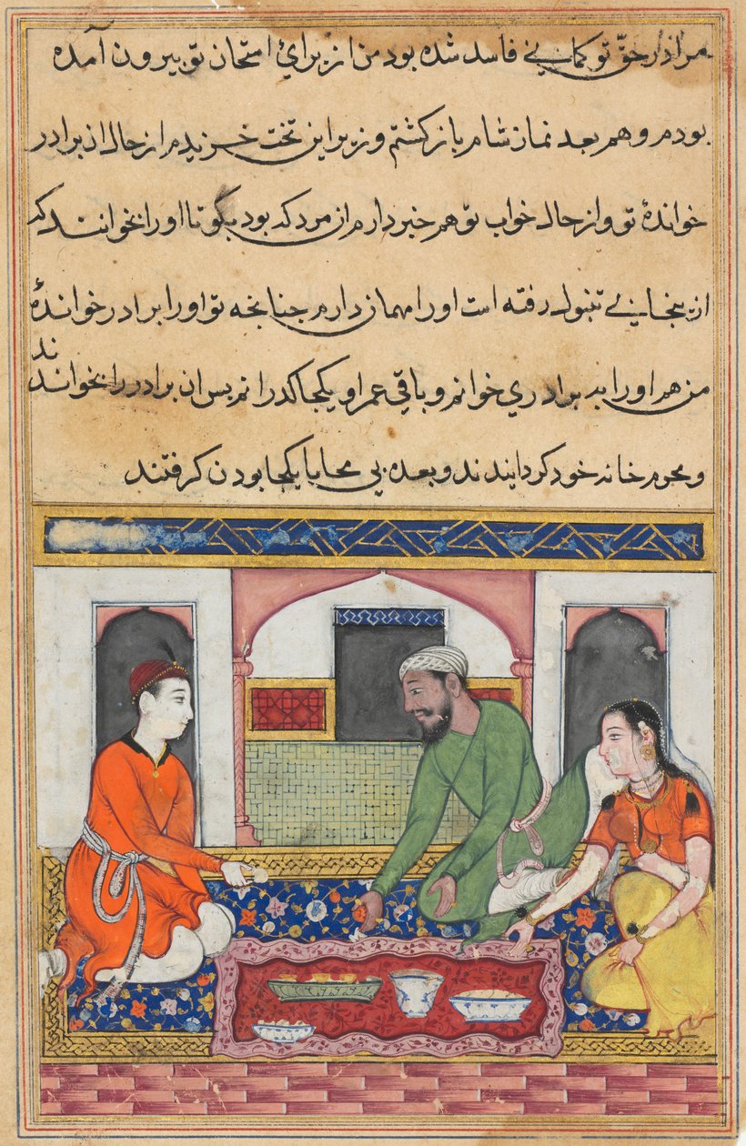 Pagina uit Verhalen van een Papegaai Tuti-nama: Veertigste nacht: Shahr-Arai en haar man..., ca. 1560 door Unbekannt