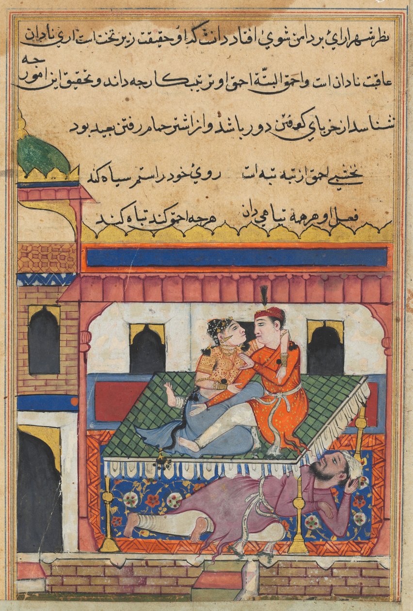 Pagina uit Verhalen van een papegaai Tuti-nama: Veertigste nacht: Shahr-Arai en haar minnaar..., ca. 1560 door Unbekannt