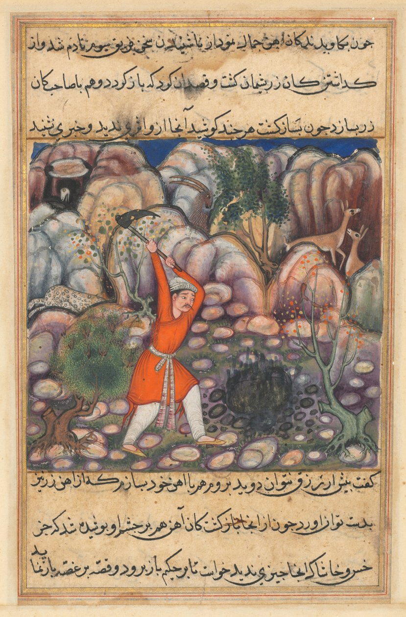 Pagina uit Verhalen van een Papegaai Tuti-nama: Zevenenveertigste nacht: De vierde man graaft..., c. 1560 door Unbekannt