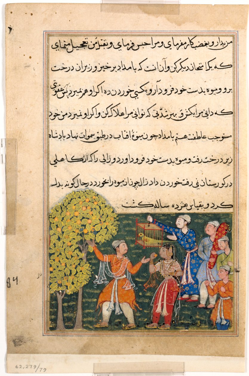 Pagina uit Verhalen van een Papegaai Tuti-nama: Negende nacht: De koning plukt fruit van de Boom..., ca. 156 door Unbekannt