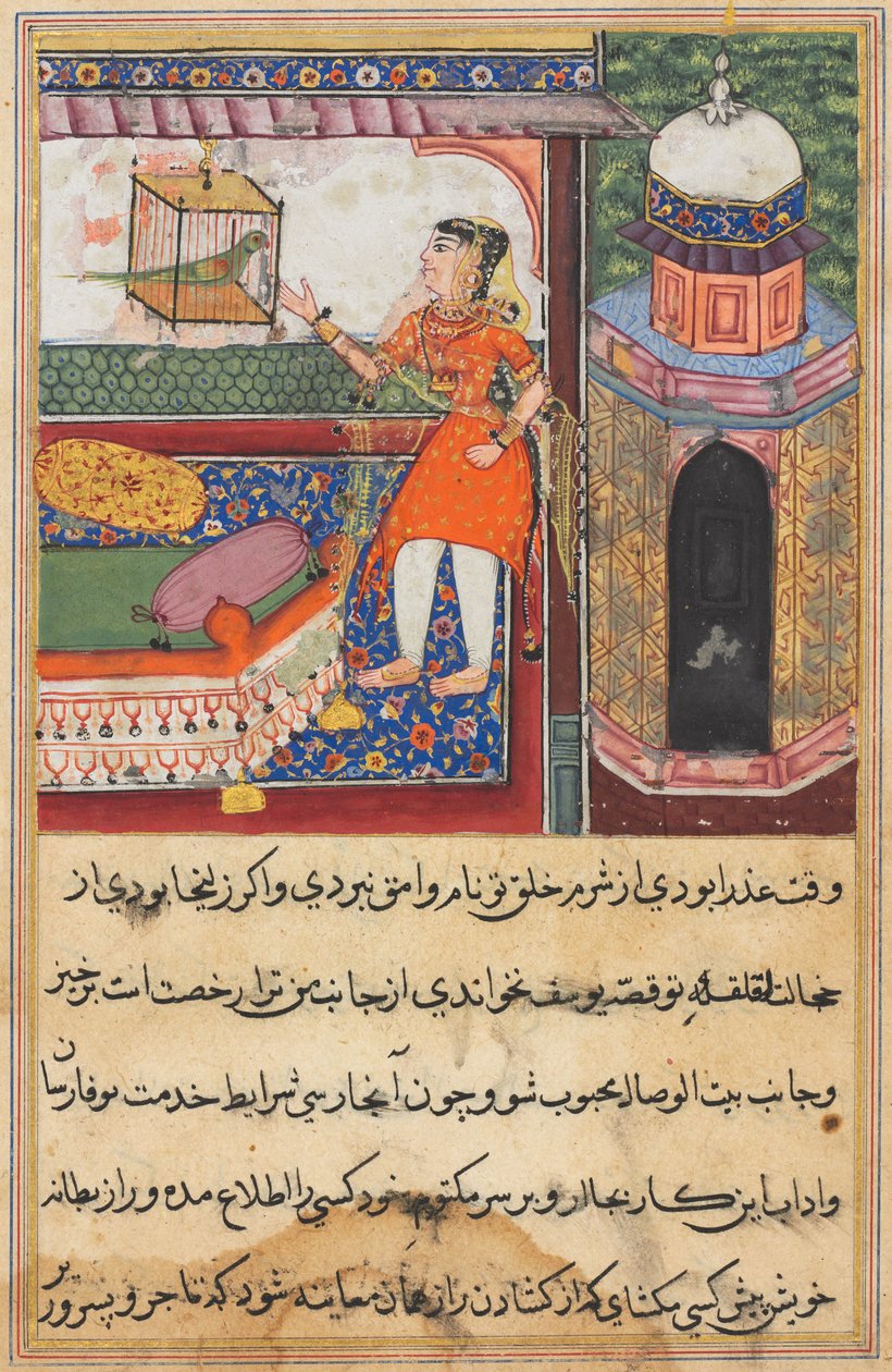 Pagina uit Verhalen van een Papegaai Tuti-nama: Tiende nacht: De papegaai spreekt Khujasta toe, ca. 1560 door Unbekannt