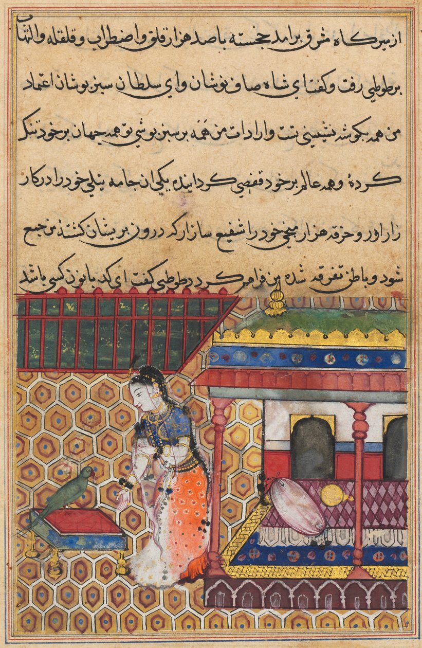 Pagina uit Verhalen van een Papegaai Tuti-nama: Achtendertigste nacht: De papegaai spreekt Khujasta toe, ca. 1560 door Unbekannt