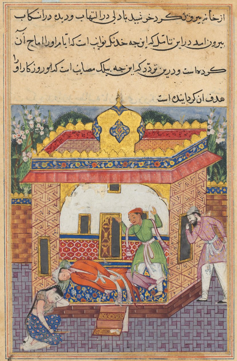 Pagina uit Verhalen van een papegaai Tuti-nama: Tweeëndertigste nacht: Latif, die heeft vermoord..., ca. 1560 door Unbekannt
