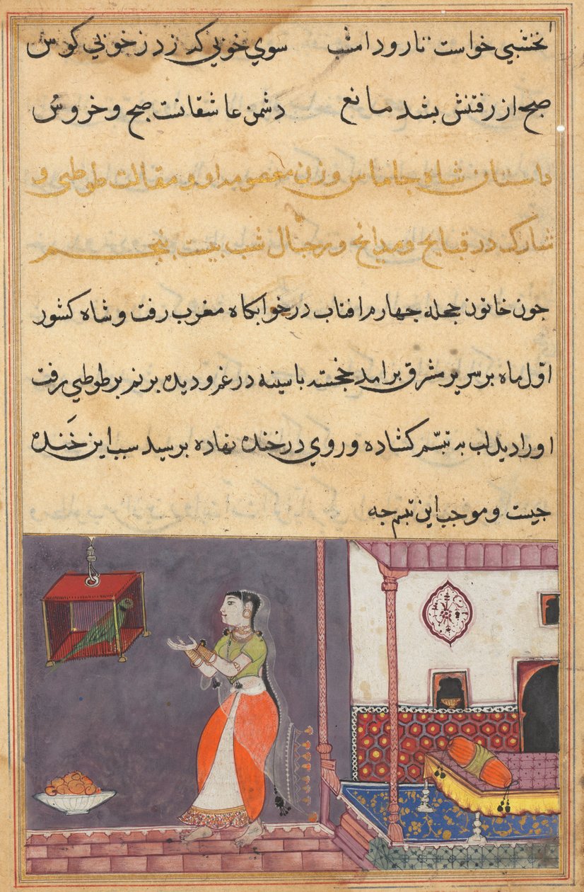 Pagina uit Verhalen van een papegaai Tuti-nama: Vijfentwintigste nacht: De papegaai spreekt Khujasta toe, c1560 door Unbekannt
