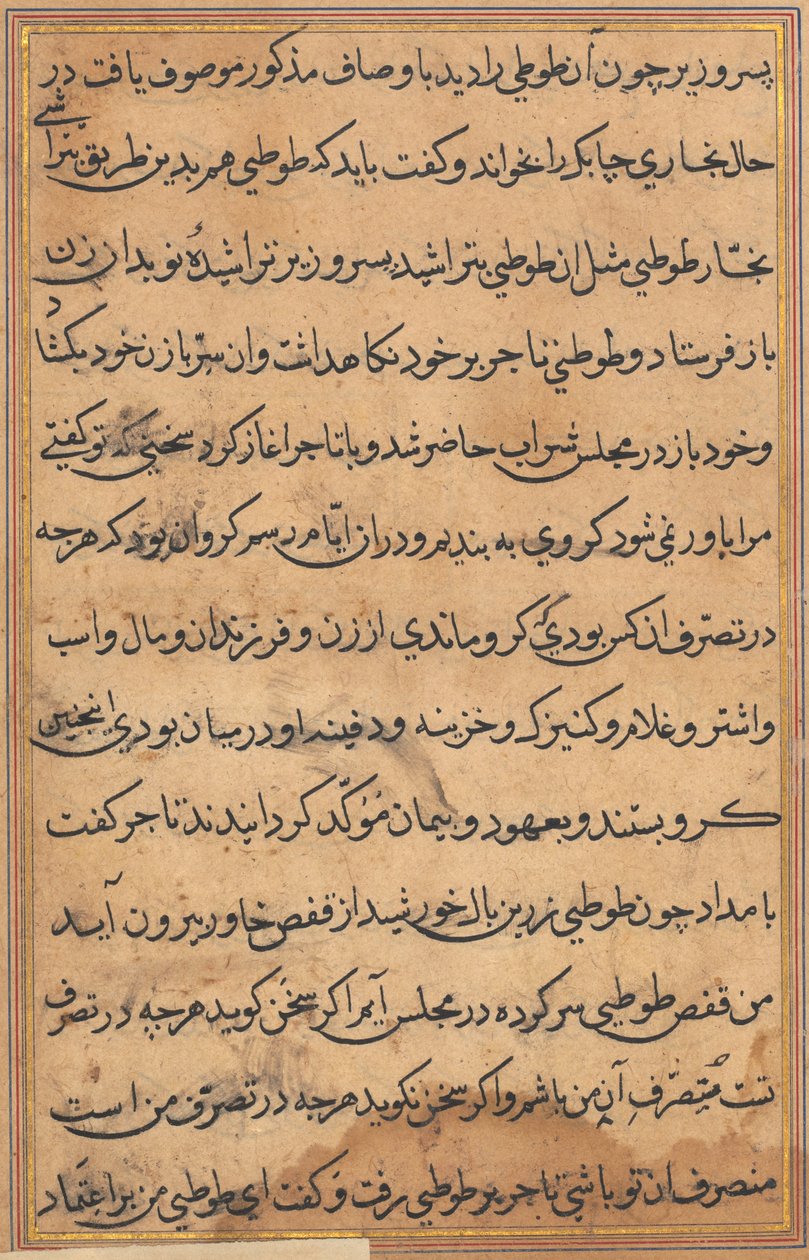 Pagina uit Verhalen van een Papegaai Tuti-nama: tekstpagina, ca. 1560 door Unbekannt