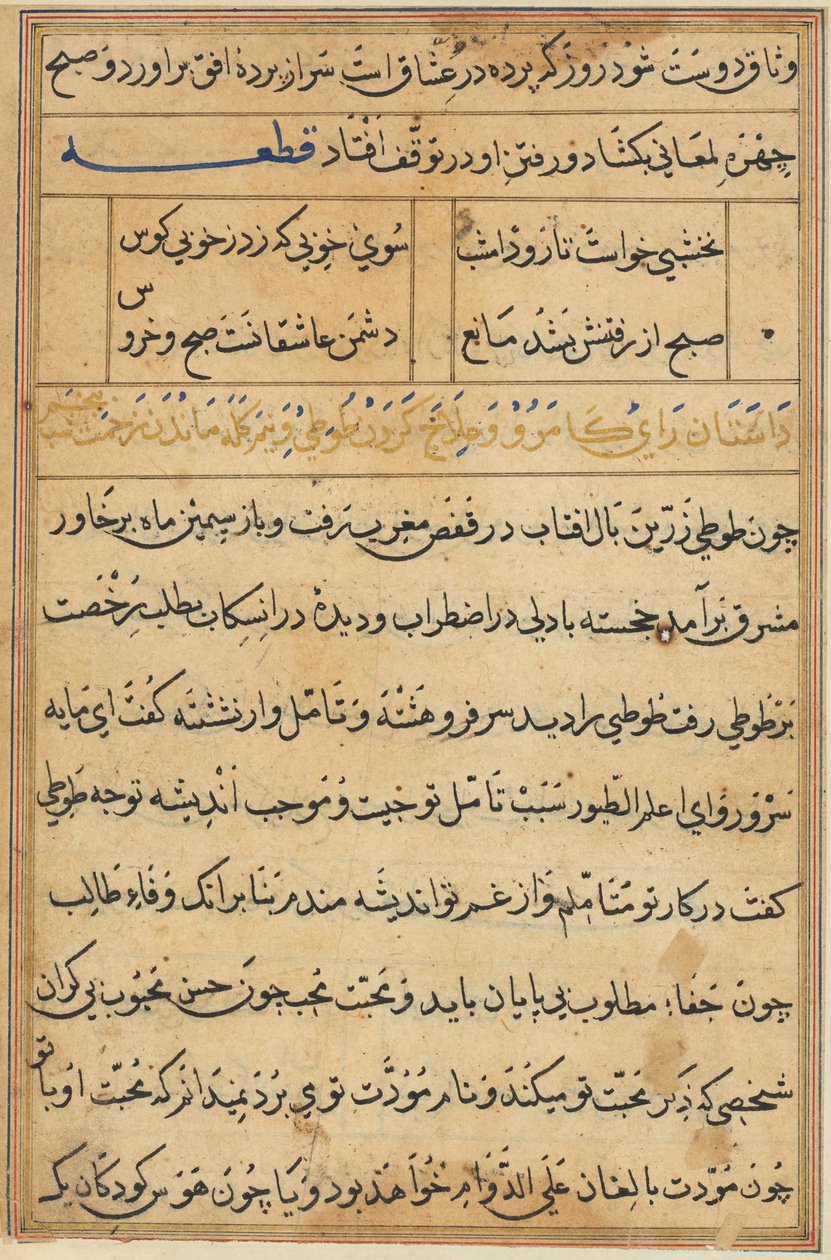 Pagina uit Verhalen van een Papegaai Tuti-nama: tekstpagina, ca. 1560 door Unbekannt