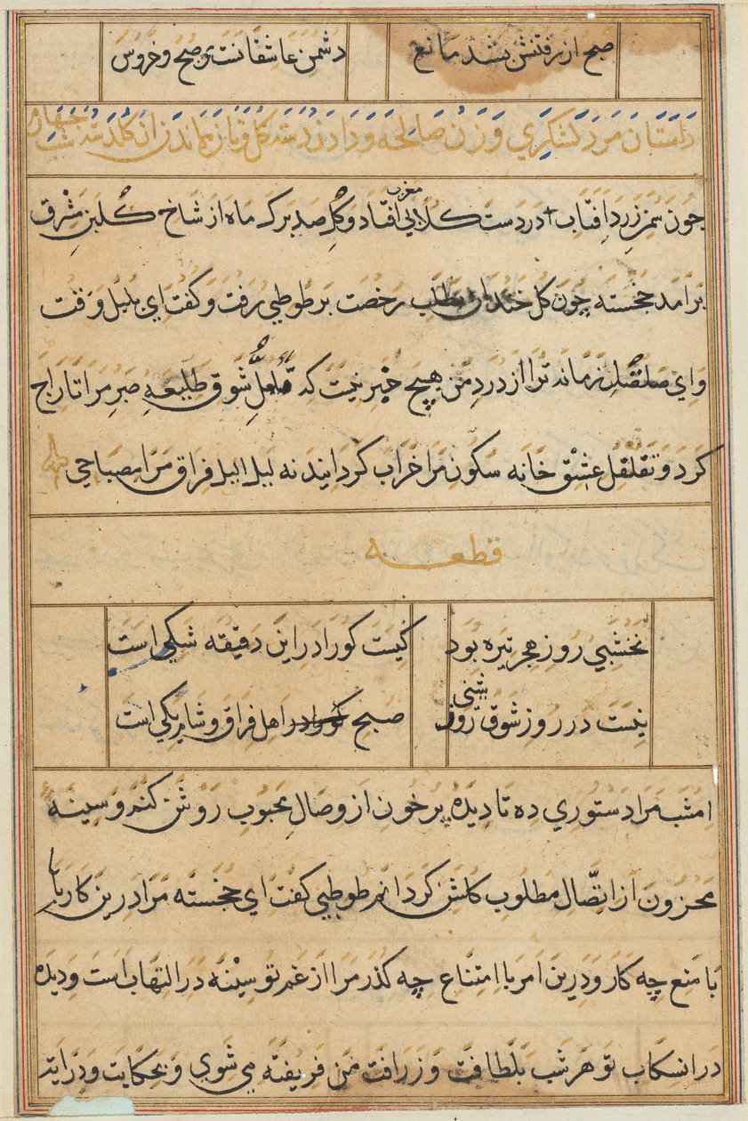 Pagina uit Verhalen van een Papegaai Tuti-nama: tekstpagina, ca. 1560 door Unbekannt