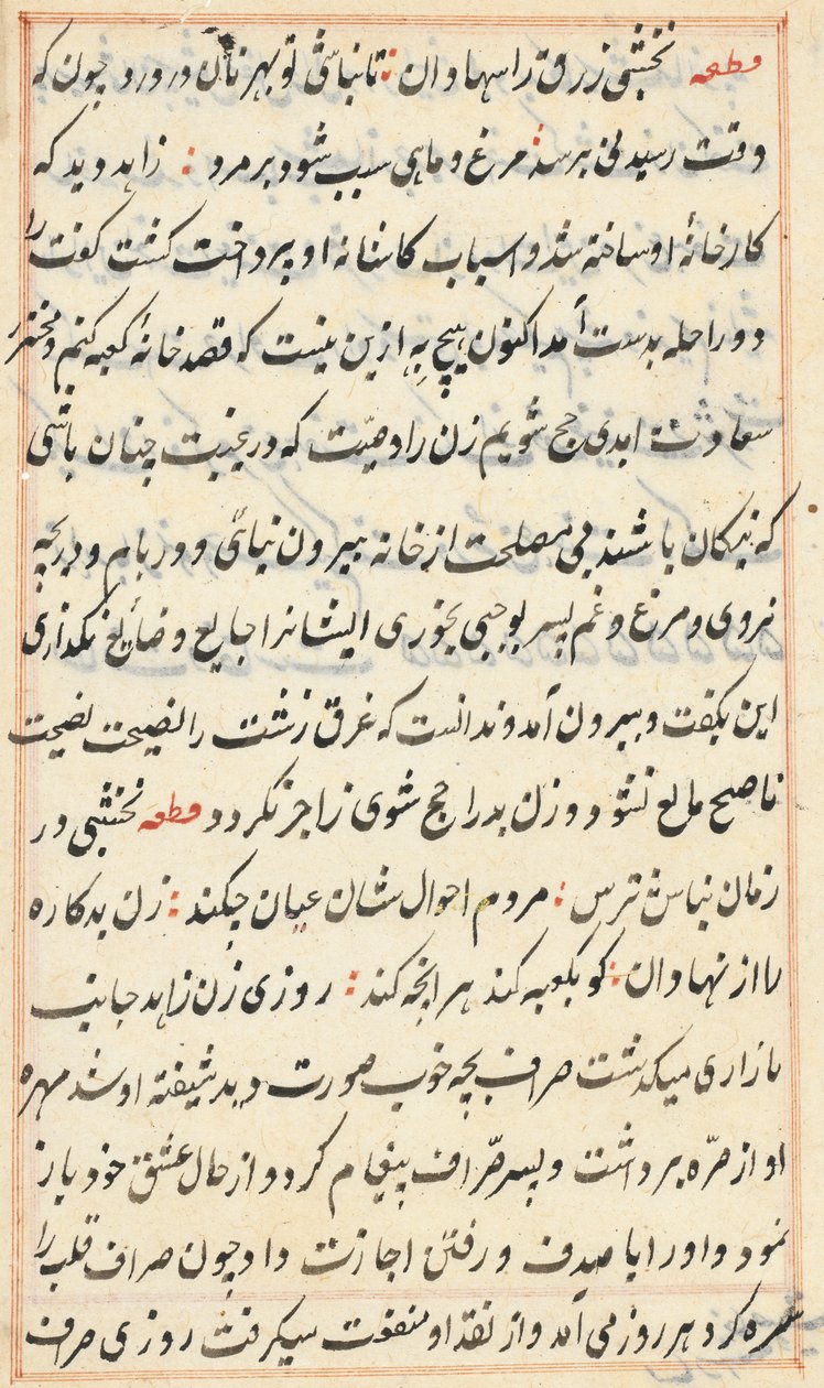 Pagina uit Verhalen van een Papegaai Tuti-nama: tekstpagina, ca. 1560 door Unbekannt