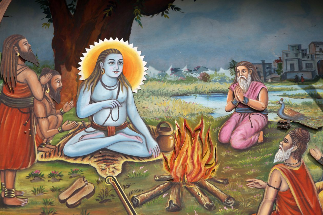 Schilderij van een heilige man (zittend op een tijgervel zoals Shiva) omringd door volgelingen Haridwar India door Unbekannt
