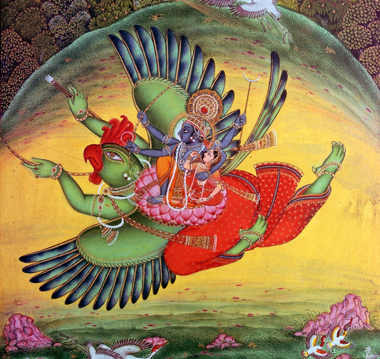Schilderij van Vishnu en zijn gemalin Lakshmi rijdend op de vogelgod Garuda door Unbekannt