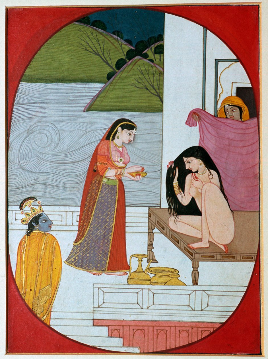 Schilderij van de god Khrishna die Radha bij haar bad bekijkt, 19e eeuw door Unbekannt