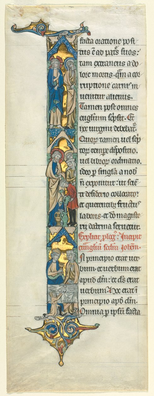 Gedeeltelijk Blad uit een Latijnse Bijbel: Initiaal I[n principio] met de Bruiloft te Kana, c. 1260-1270 door Unbekannt