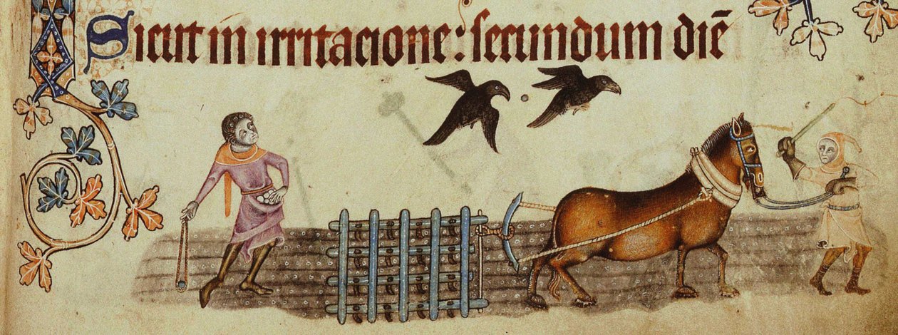 Boeren ploegen uit de Luttrell Psalter, ca. 1330 door Unbekannt