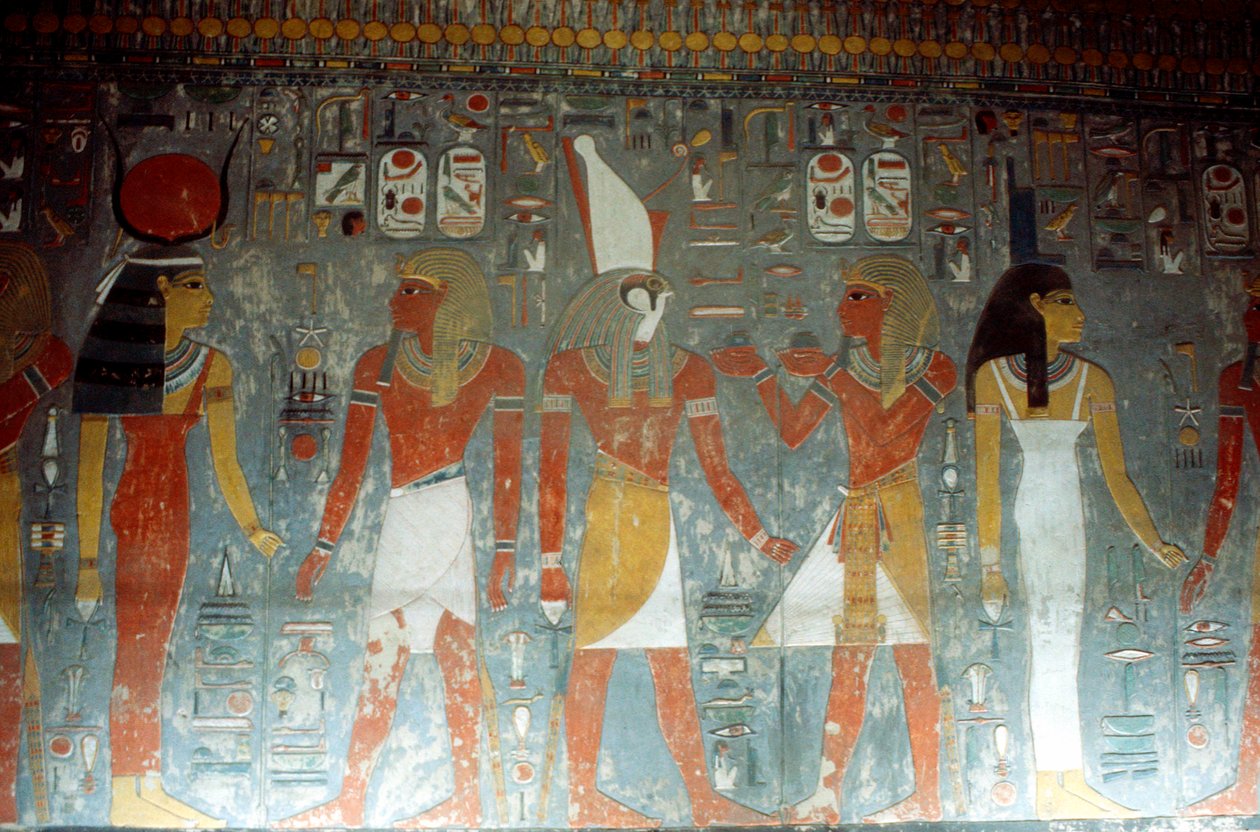 Farao Horemheb met de godin Isis en de god Horus, Oud-Egyptisch, 14e eeuw v.Chr. door Unbekannt