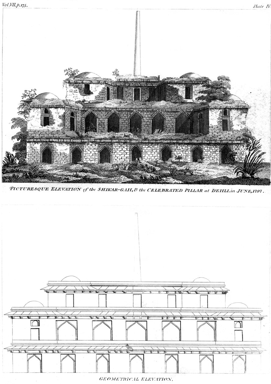 Pittoreske Verhoging van de Shikar Gah en de Beroemde Zuil in Delhi, juni 1797 1799 door Unbekannt
