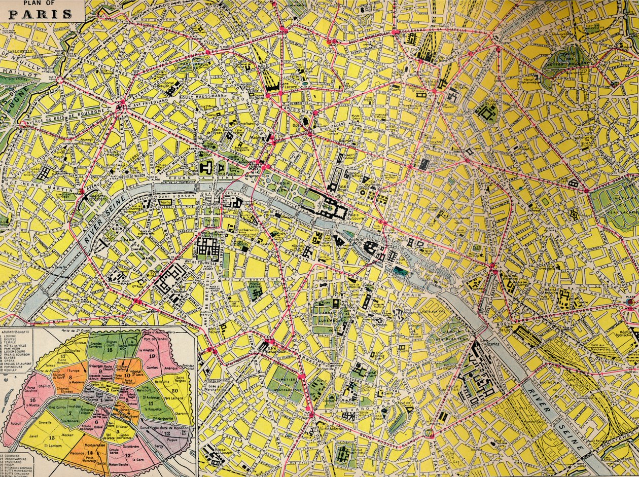 Plan van Parijs - Centraal District van de Stad van het Licht, ca. 1930s door Unbekannt