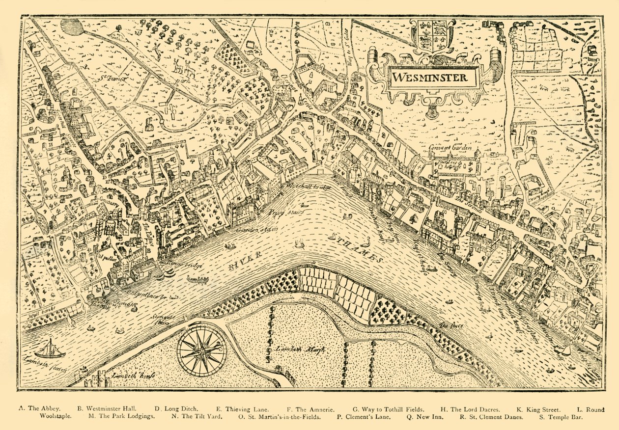Plan van Westminster. Uit Nordens Survey, genomen in het bewind van koningin Elizabeth, 1593, 1881 door Unbekannt