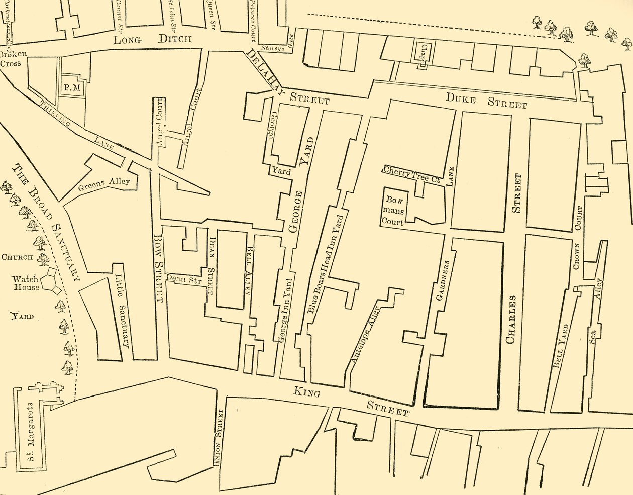 Plan van een deel van Westminster tussen 1734 en 1748 - Voor de bouw van Great George Street door Unbekannt