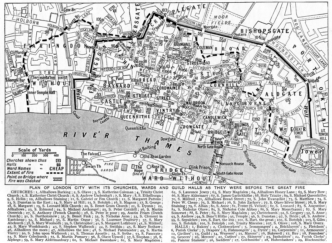 Plattegrond van de stad Londen met kerken, wijken en gildenhuizen, 1926-1927 door Unbekannt