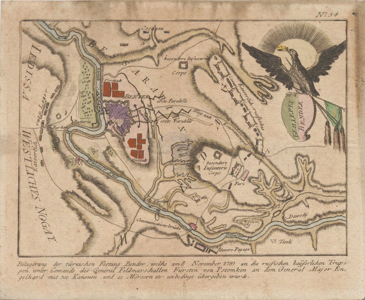 Plan van het beleg van de Turkse vesting Bender door het Russische leger in november 1789, 1789 door Unbekannt