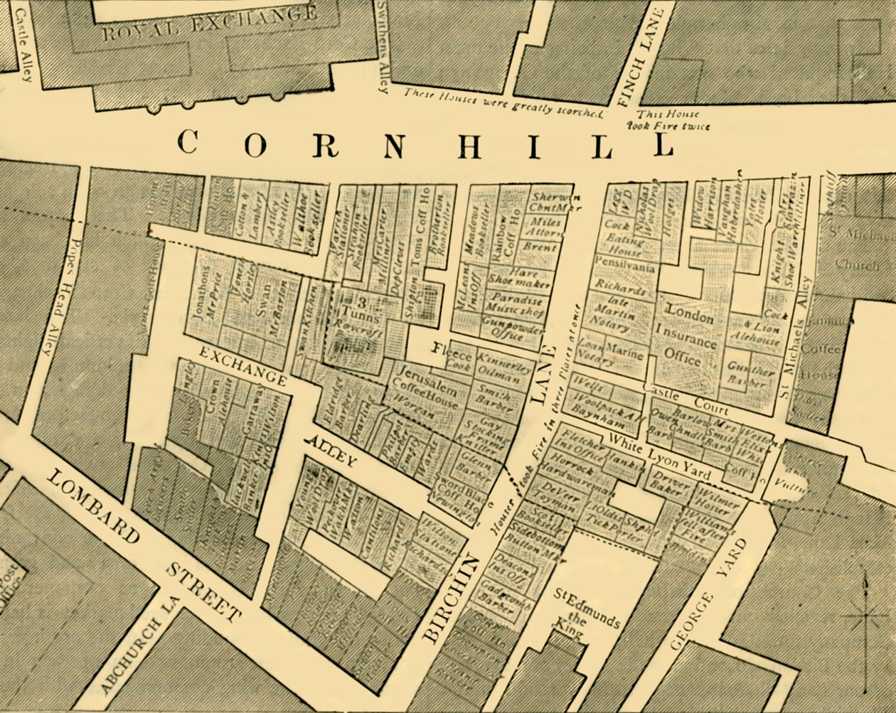 Plan dat de omvang van de grote brand in Cornhill in 1748 toont, ca. 1872 door Unbekannt