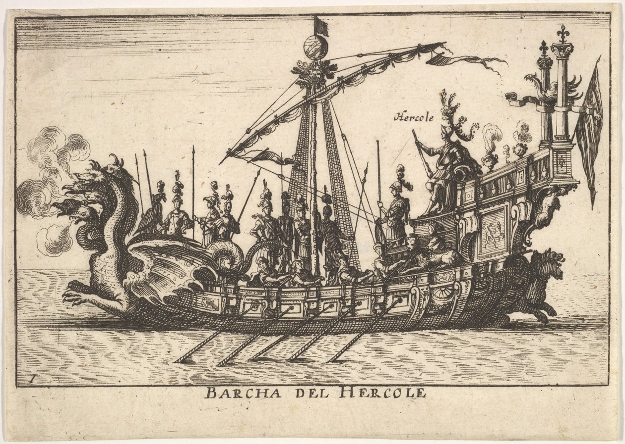 Blad 1: Schip van Hercules, met drakenkop boeg en Hercules aan boord, 1664 door Unbekannt