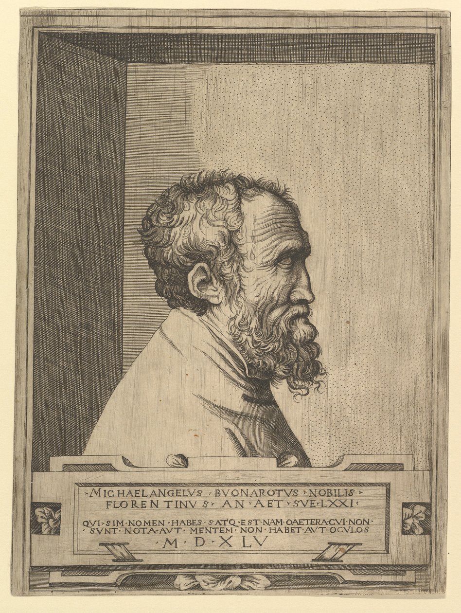Portret van Michelangelo in profiel naar rechts binnen een nis door Unbekannt