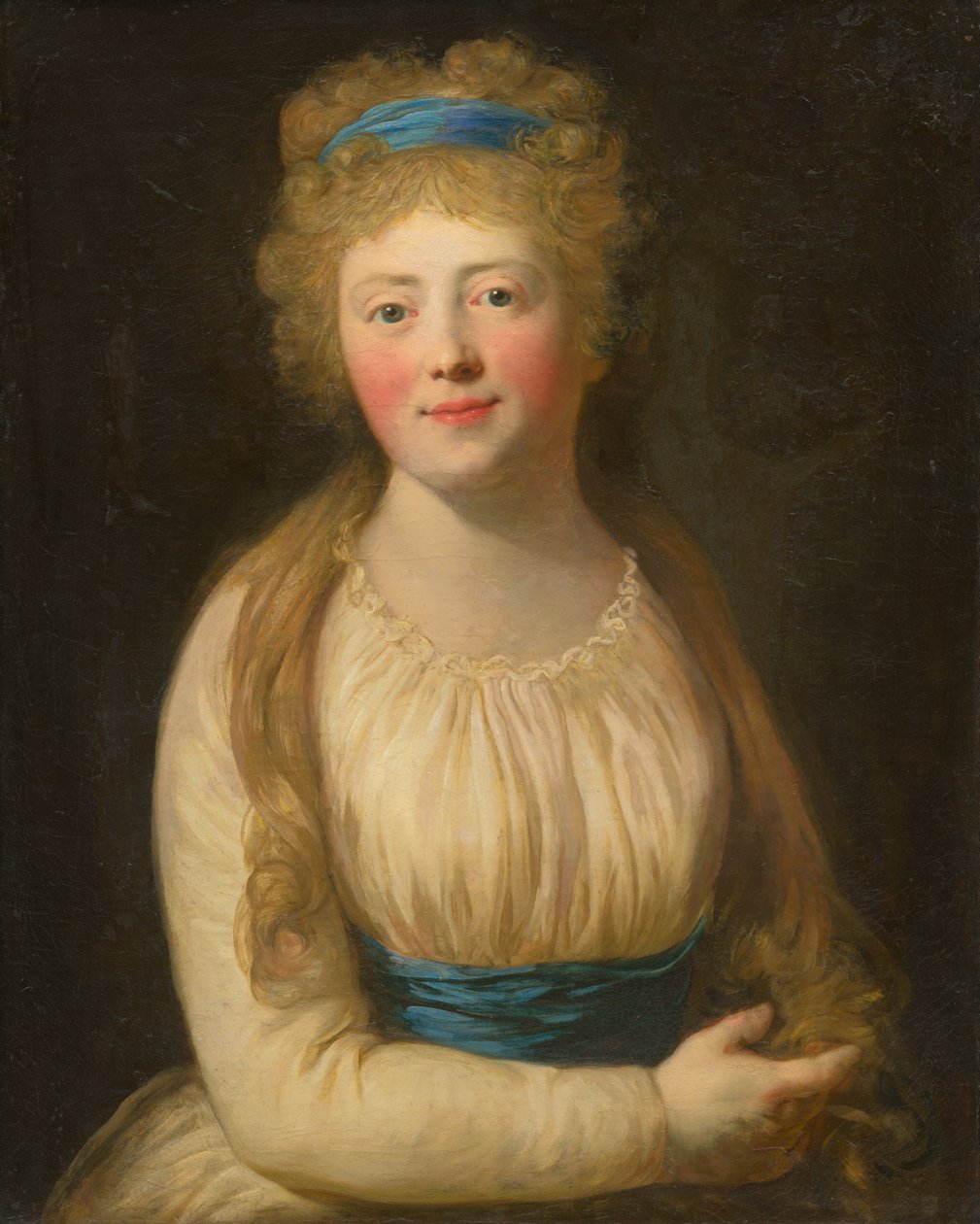 Portret van een vrouw in bleke kleding met een blauw lint in haar haar door Unbekannt