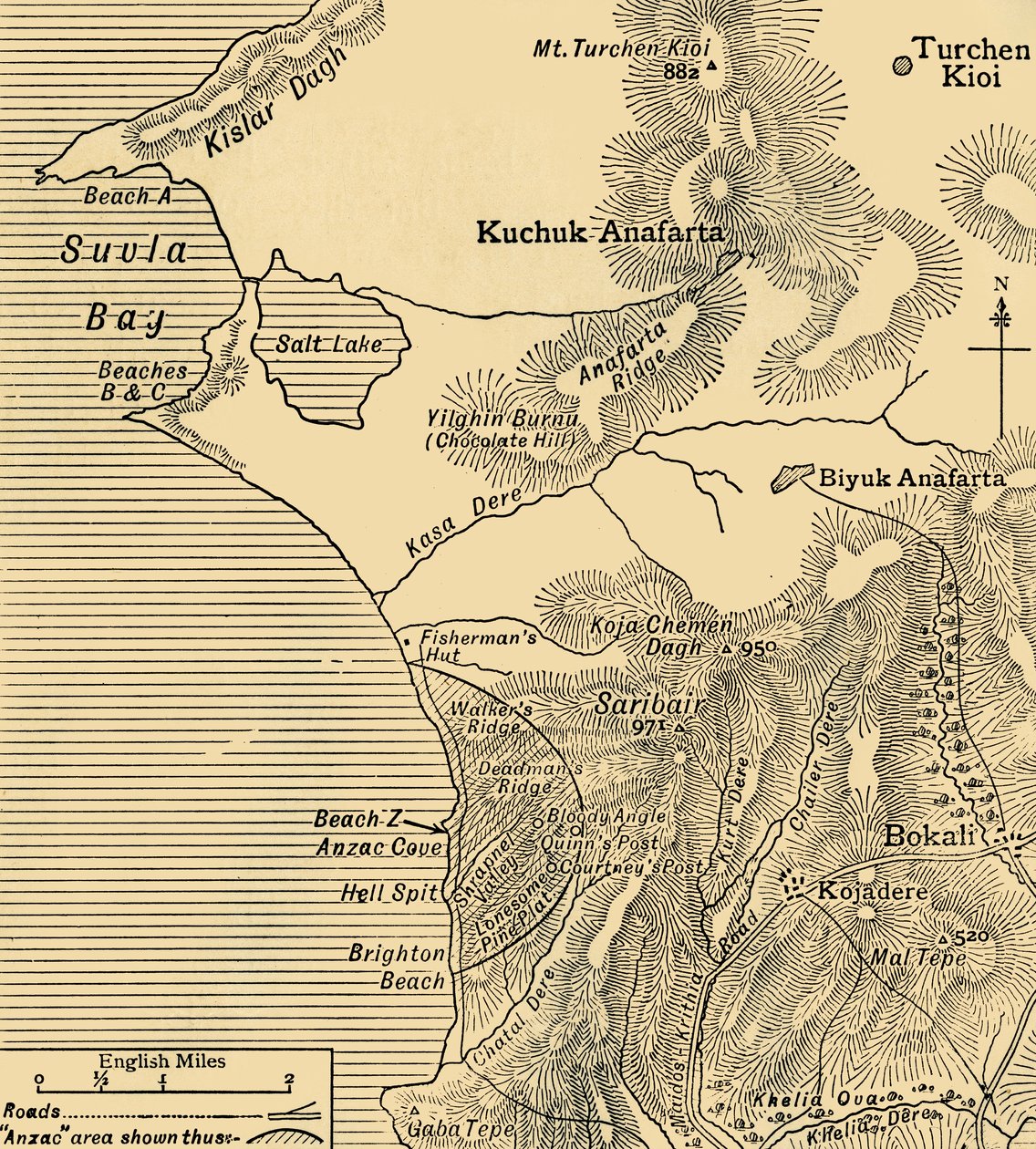 Posities van ANZAC-troepen op het Gallipoli-schiereiland in Turkije, Eerste Wereldoorlog, juli 1915, ca. 1920 door Unbekannt