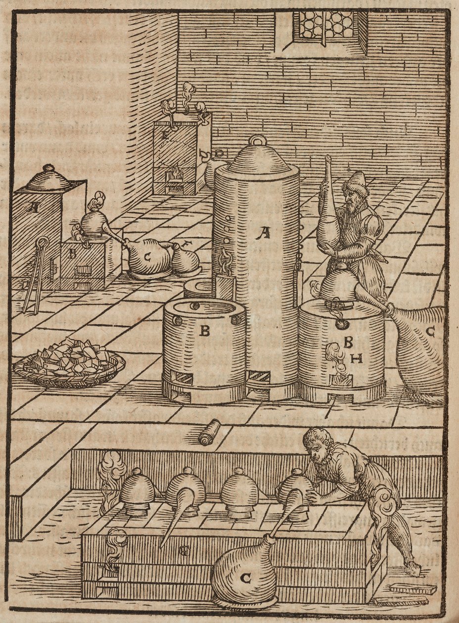 Voorbereiding van vloeistoffen gebruikt voor het extraheren van zilvererts uit gouderts - Gravure uit Beschrijving van mineralen en de belangrijkste mijnbouwmethoden, van Lazarus Ecker door Unbekannt