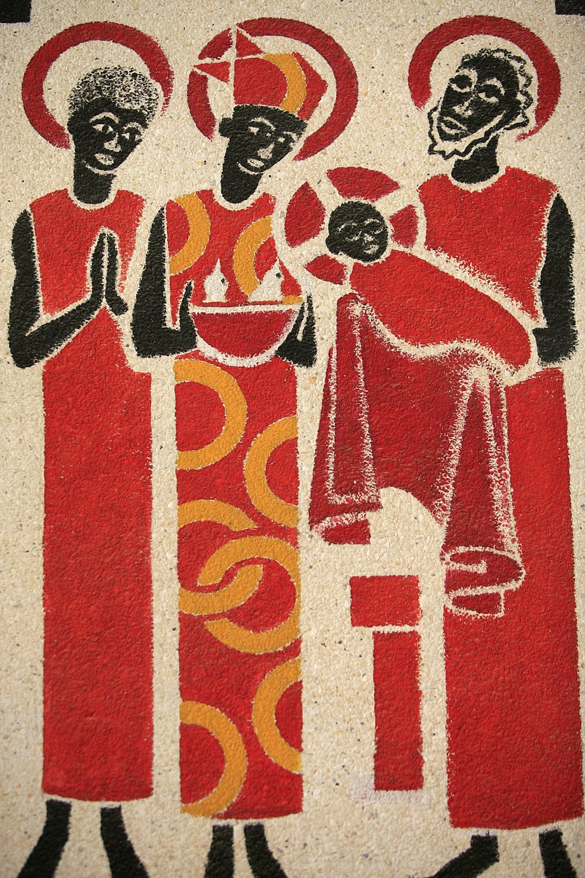 Presentatie van Jezus in de tempel. De fresco in de Keur Moussa abdijkerk werd ontworpen en geschilderd in 1963 door Dom Georges Saget, Keur Moussa, Senegal door Unbekannt