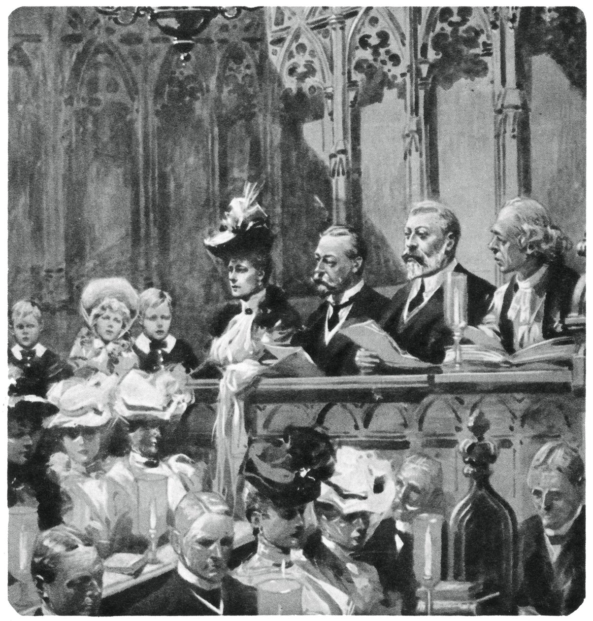 Prins Albert bij de dankdienst in de abdij voor de veilige terugkeer van zijn ouders uit India, 1906 1937 door Unbekannt