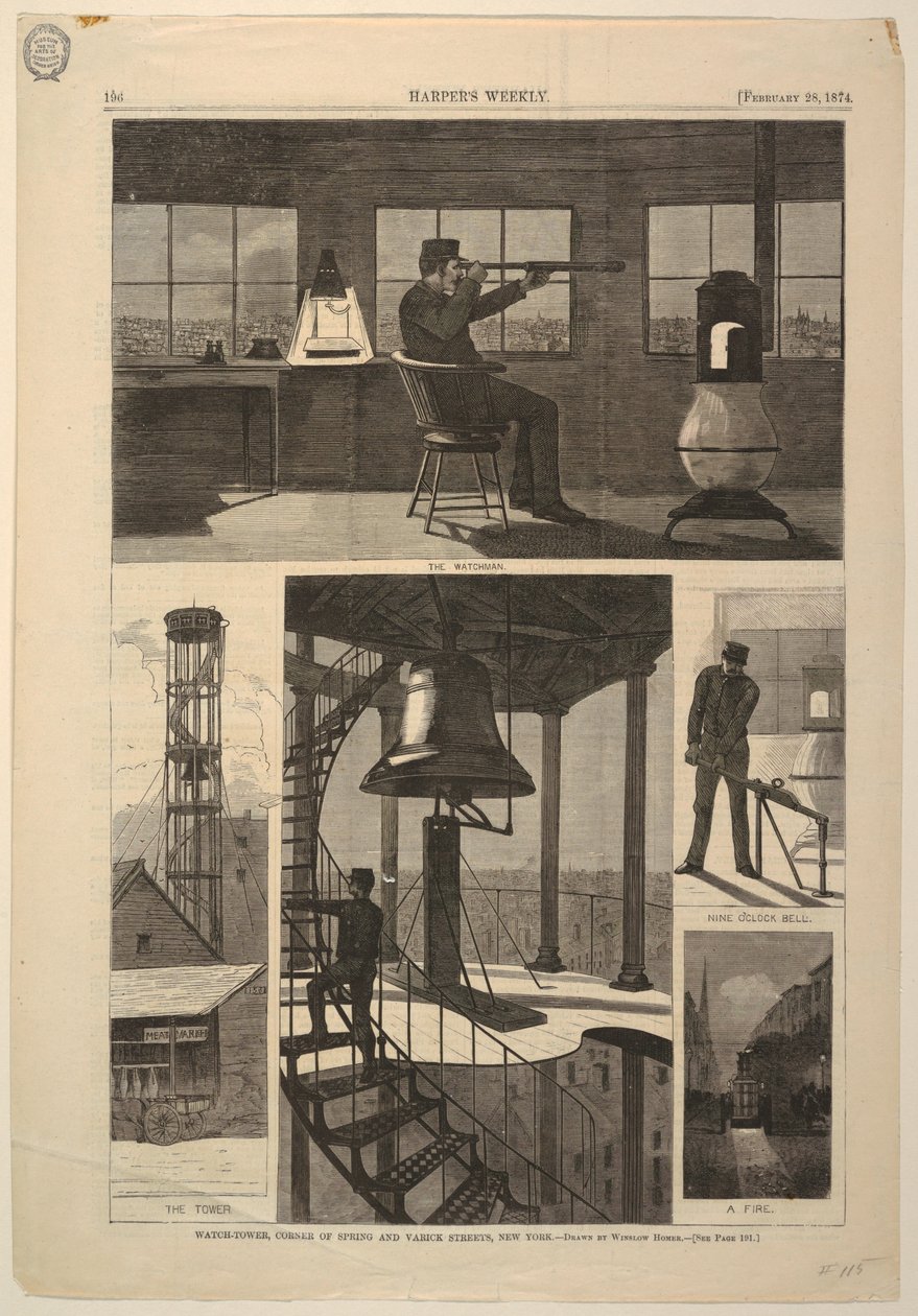 Print, Wachttoren, hoek van Spring en Varick Streets, New York, 28 februari 1874 door Unbekannt