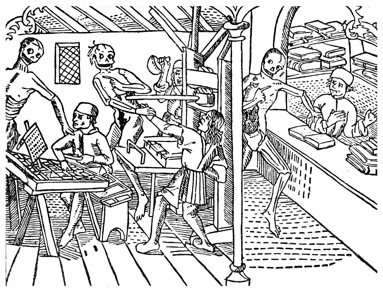 Drukwerkers lastiggevallen door skeletten, 1499-1956 door Unbekannt