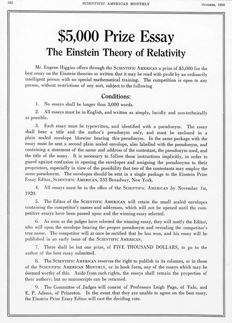 Prijs aangeboden in Scientific American, oktober 1920, voor een essay over Einsteins relativiteitstheorie door Unbekannt