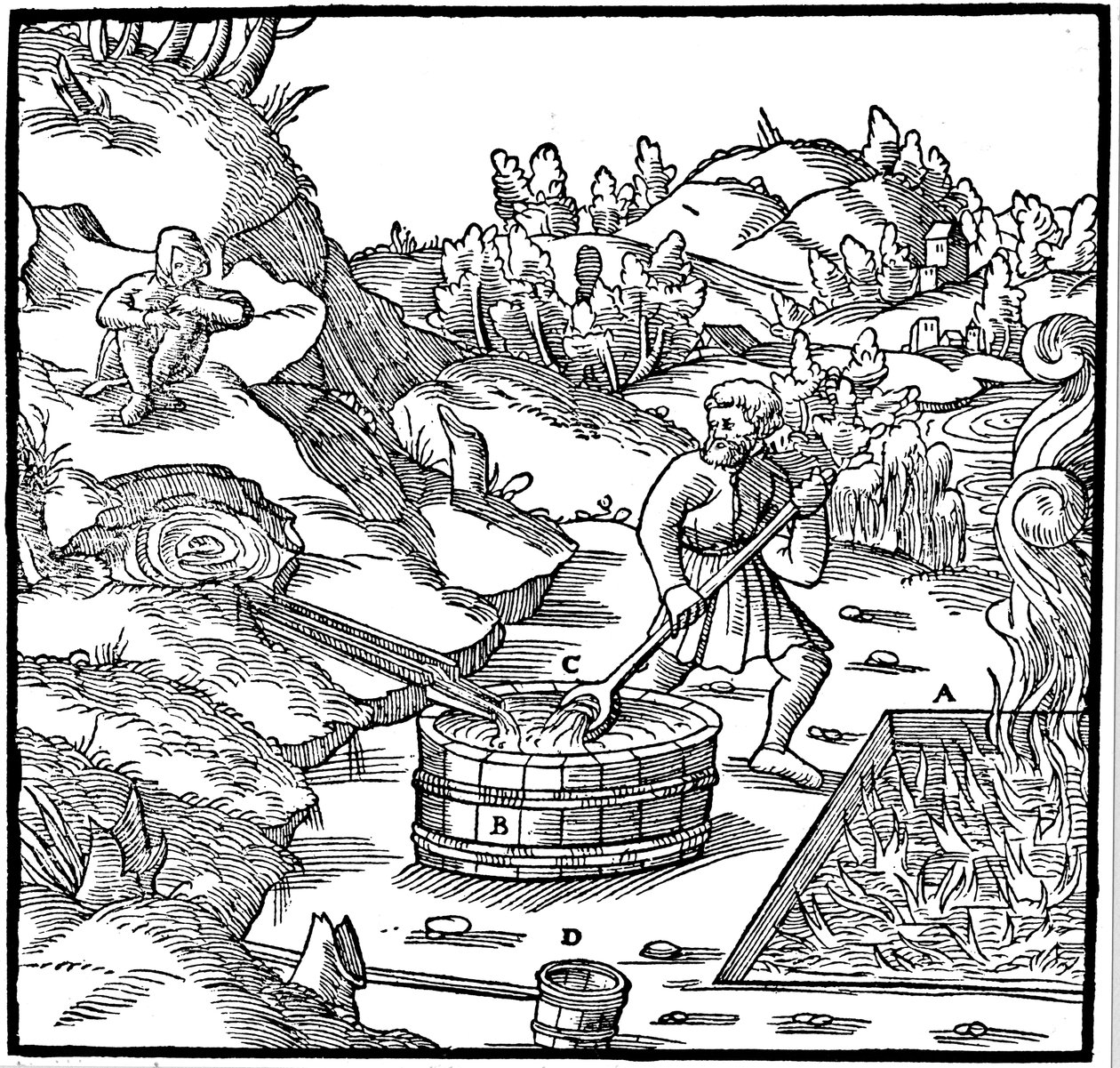 Zout produceren door natuurlijke pekel te verdampen door het in een kuil met brandende houtskool te gieten, 1556 door Unbekannt