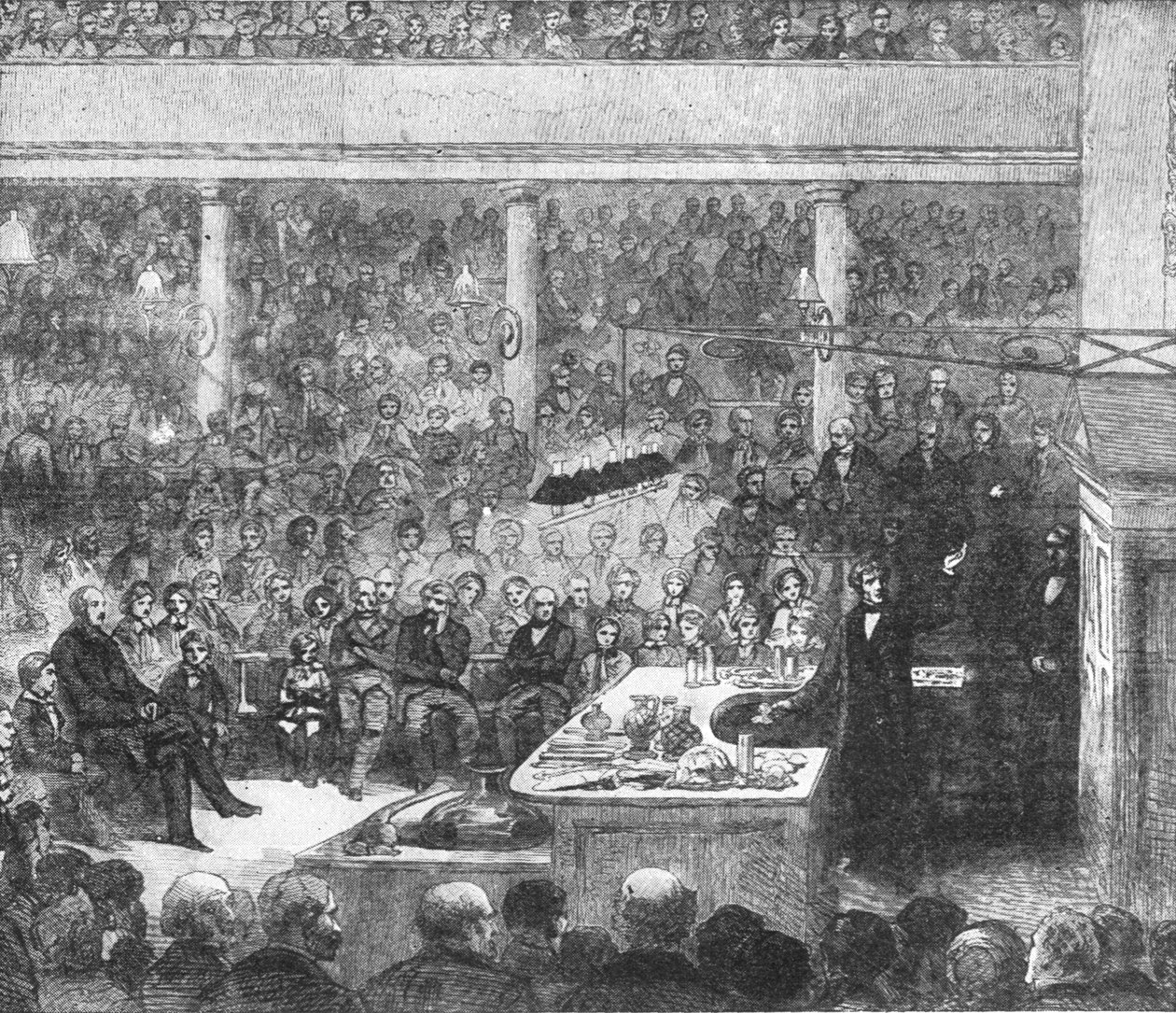 Professor Faraday geeft een lezing aan het Royal Institute...1856, 1901 door Unbekannt