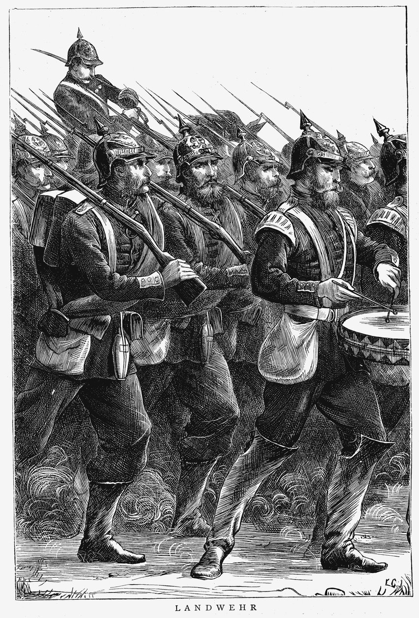 Pruisische soldaten op mars, Frans-Pruisische Oorlog, september 1870 door Unbekannt
