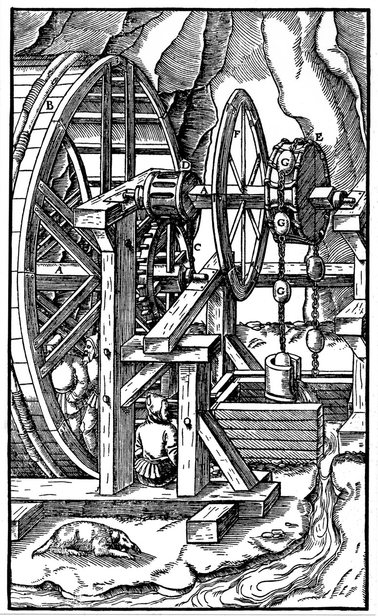 Pomp aangedreven door mannen in een tredmolen, 1556 door Unbekannt