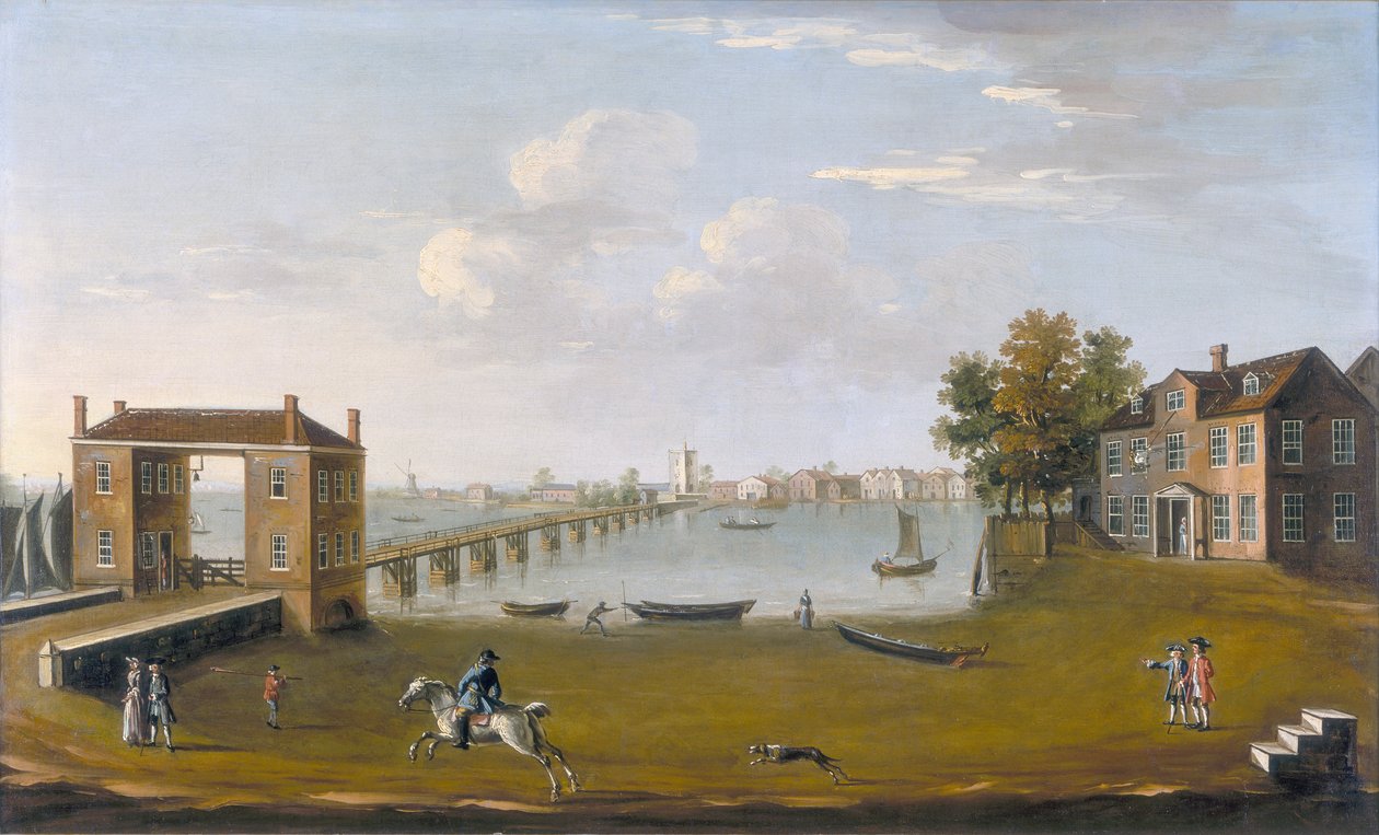 Putney Bridge en dorp vanuit Fulham, ca. 1750 door Unbekannt