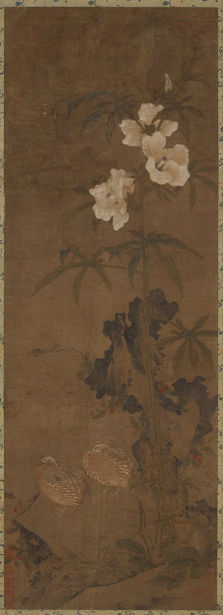 Kwartel en bloemen, Yuan- of Ming-dynastie, 14e eeuw door Unbekannt