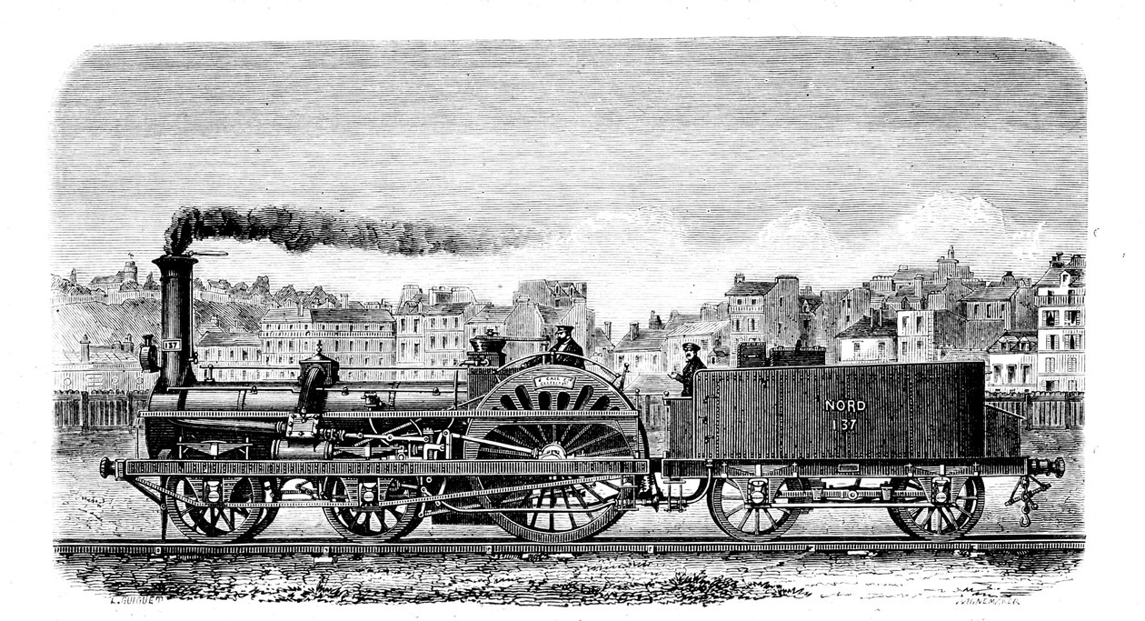 Spoorwegstoomlocomotief ontworpen in 1849 door de Engelse ingenieur Thomas Russell Crampton door Unbekannt